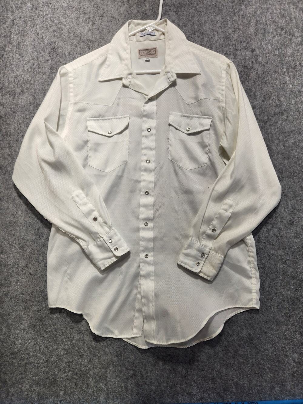 Vintage Stetson USA Western Pearl Snap Shirt White 16.5 33 Cowboy Ranch Rodeo